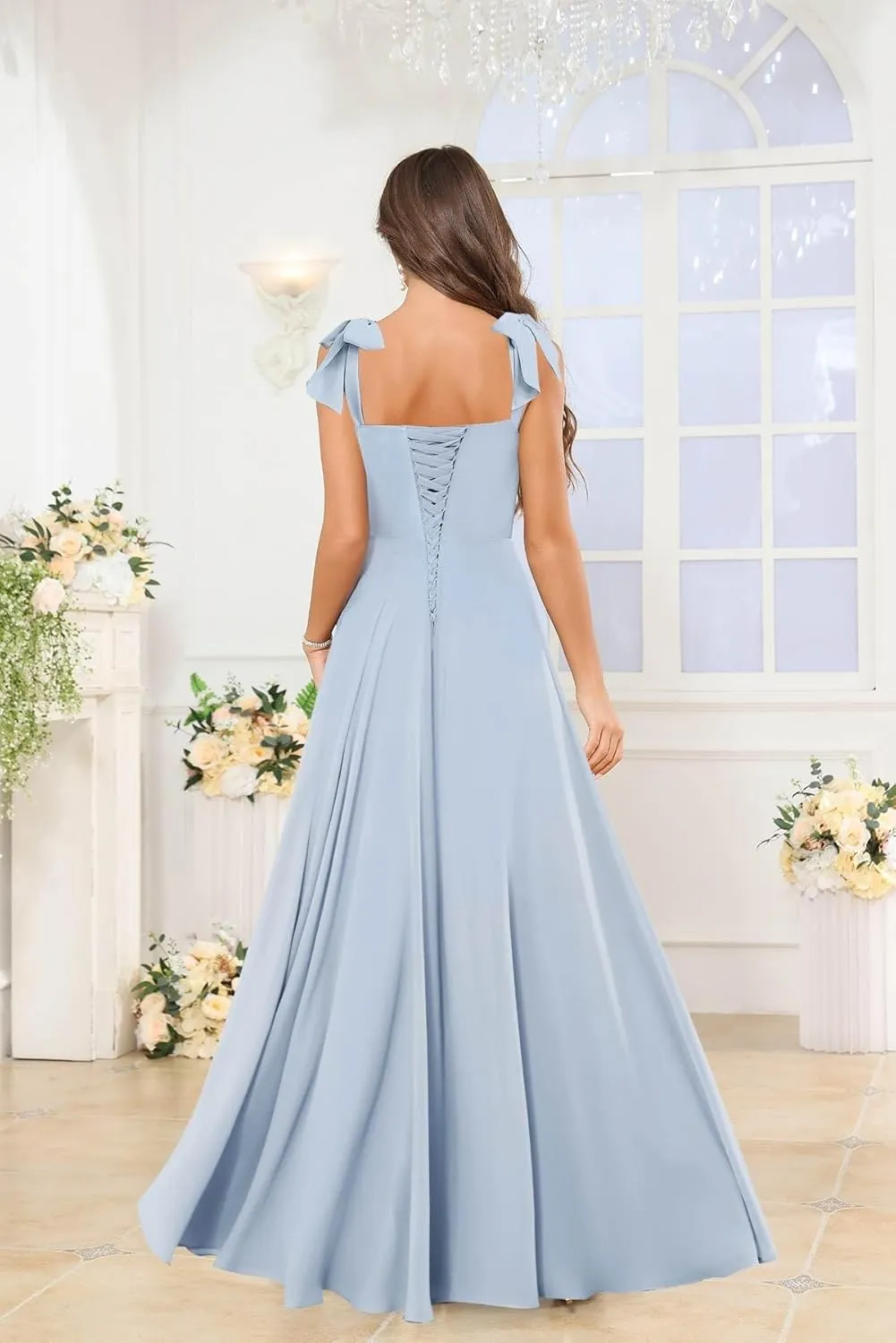 Women's Tie Straps Bridesmaid Dresses with Slit Ruffled Chiffon Long Formal Evening Gowns