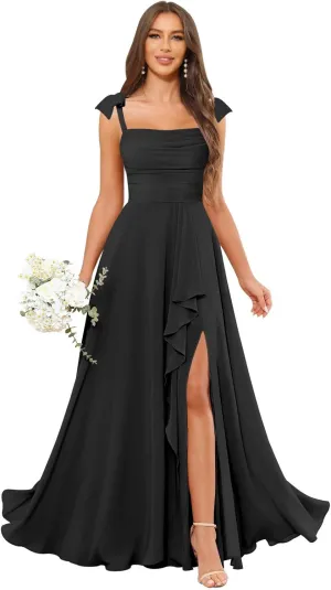 Women's Tie Straps Bridesmaid Dresses with Slit Ruffled Chiffon Long Formal Evening Gowns