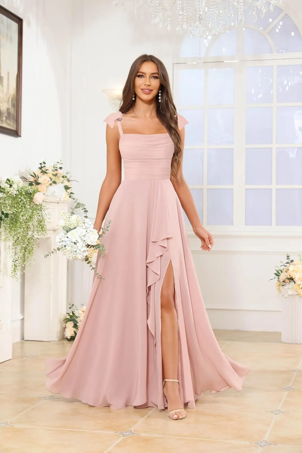 Women's Tie Straps Bridesmaid Dresses with Slit Ruffled Chiffon Long Formal Evening Gowns