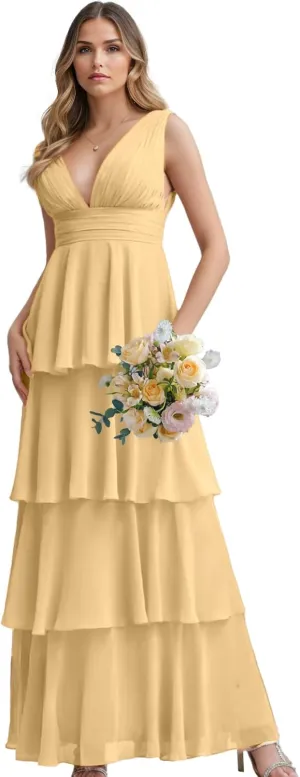Women's Tiered Ruffle Chiffon Bridesmaid Dresses for Women A Line Formal Evening Gown Long Flowy Prom Dresses