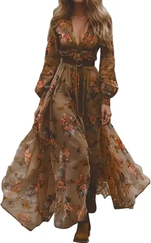Womens Vintage Pastoral Flower Long Dress Casual Long Sleeve V-Neck Western Dresses Plus Size Summer Sexy Maxi Dress