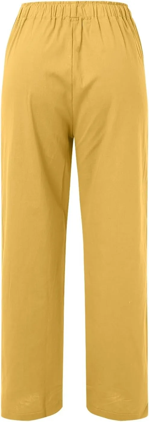 Women's Wide Leg Linen Pants Dressy High Waist Palazzo Pant Plus Size Button Down Trouser with Pocket