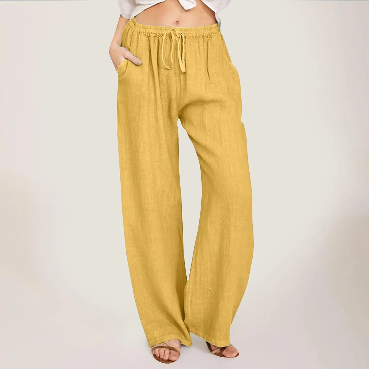 Women's Wide Leg Linen Pants Dressy High Waist Palazzo Pant Plus Size Button Down Trouser with Pocket