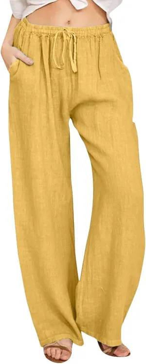 Women's Wide Leg Linen Pants Dressy High Waist Palazzo Pant Plus Size Button Down Trouser with Pocket