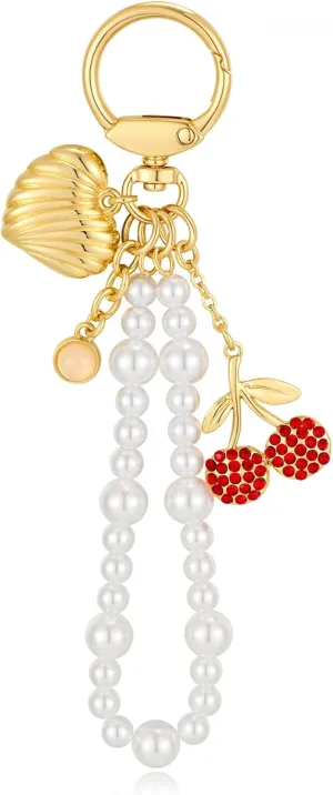 WOWORAMA Pearl Keychain Wristlet Cherry Bow Bag Charm Keyring Wrist Straps Heart Pearl Purse Charms Key Chain for Handbag