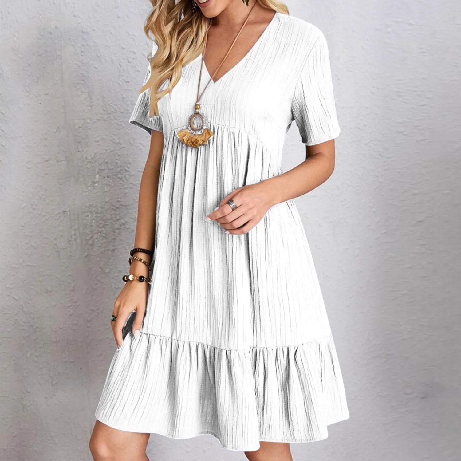 XOWRTE Summer Dresses for Women 2025 Short Sleeve V Neck Dress Pleated Swing Loose Casual Dress Short Plus Size