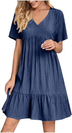 XOWRTE Summer Dresses for Women 2025 Short Sleeve V Neck Dress Pleated Swing Loose Casual Dress Short Plus Size