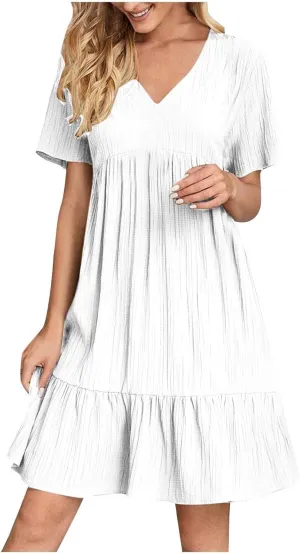 XOWRTE Summer Dresses for Women 2025 Short Sleeve V Neck Dress Pleated Swing Loose Casual Dress Short Plus Size
