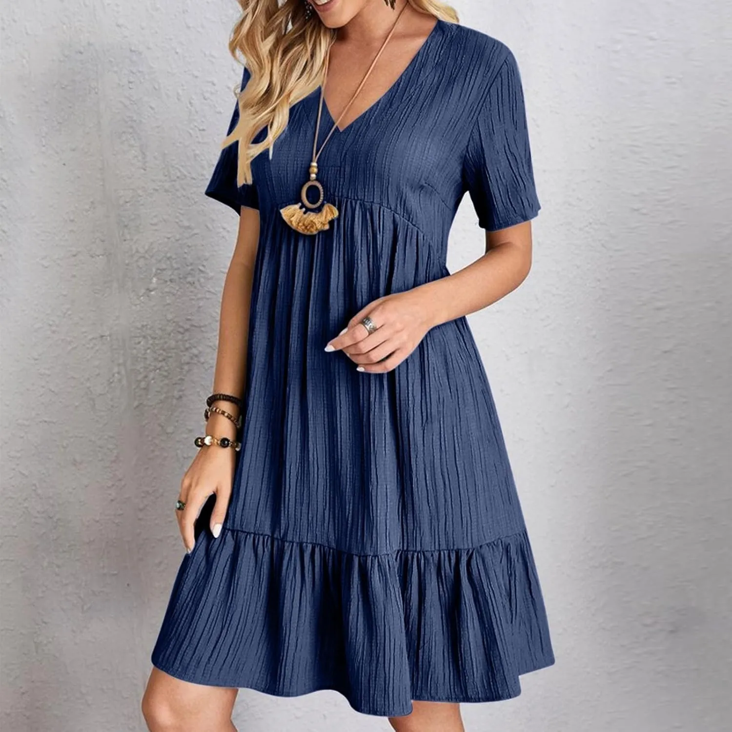 XOWRTE Summer Dresses for Women 2025 Short Sleeve V Neck Dress Pleated Swing Loose Casual Dress Short Plus Size