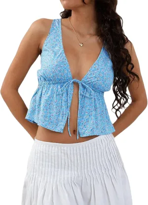 Y2k Front Tie Up Cami Tops for Women Sleeveless Floral Printed Spaghetti Strap Tank Top Trendy Going Out Camisole