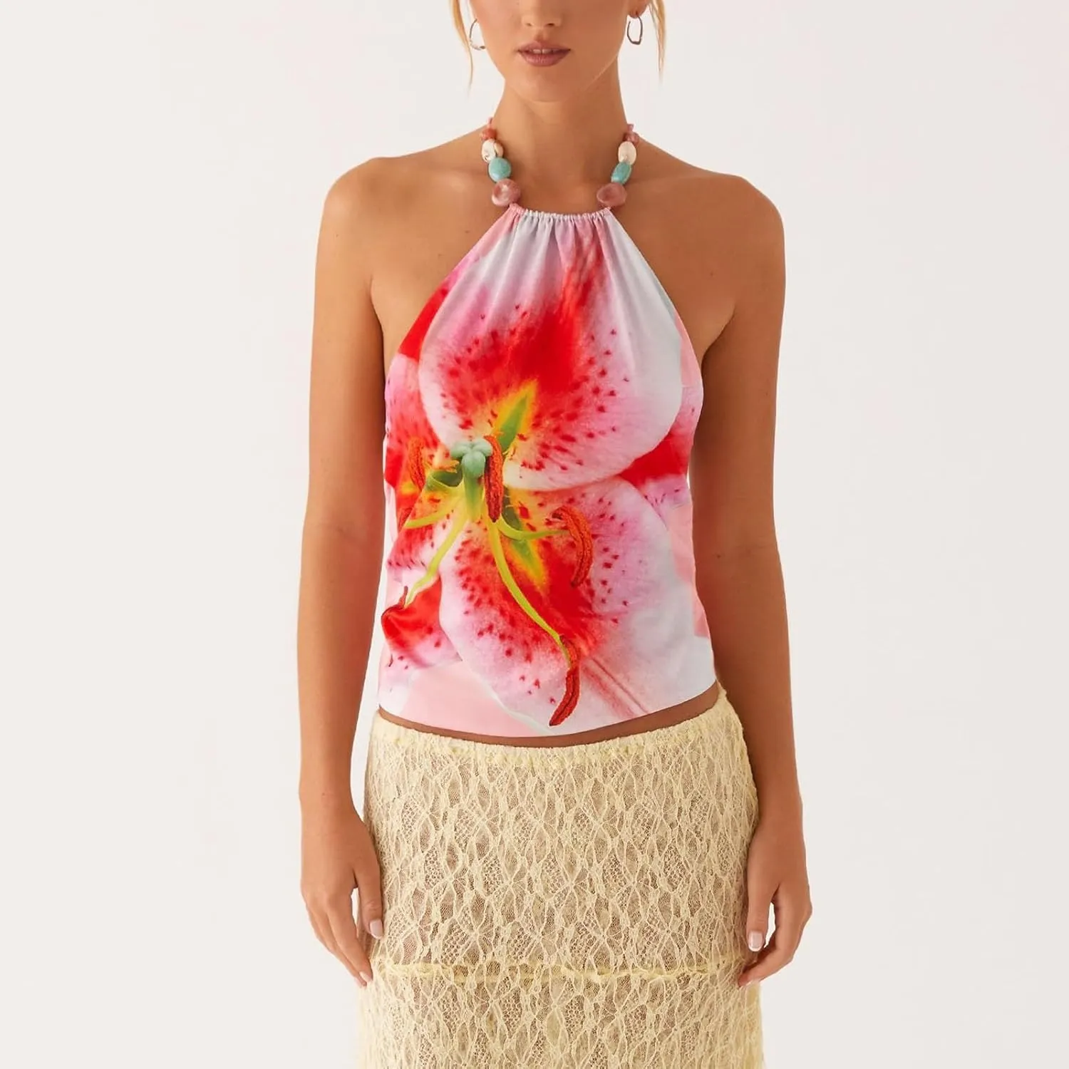 Y2K Spaghetti Strap Crop Top Vintage Floral Aesthetic Cami Tank Tops Teen Cute Summer Trendy Scoop Neck Going Out Tops