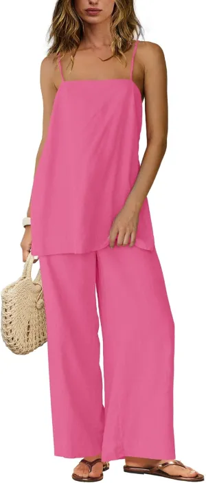 Yanekop Linen Sets for Women 2 Piece Pants Summer Outfits Matching Lounge Sets Spaghetti Strap Tank Top Pants Sets
