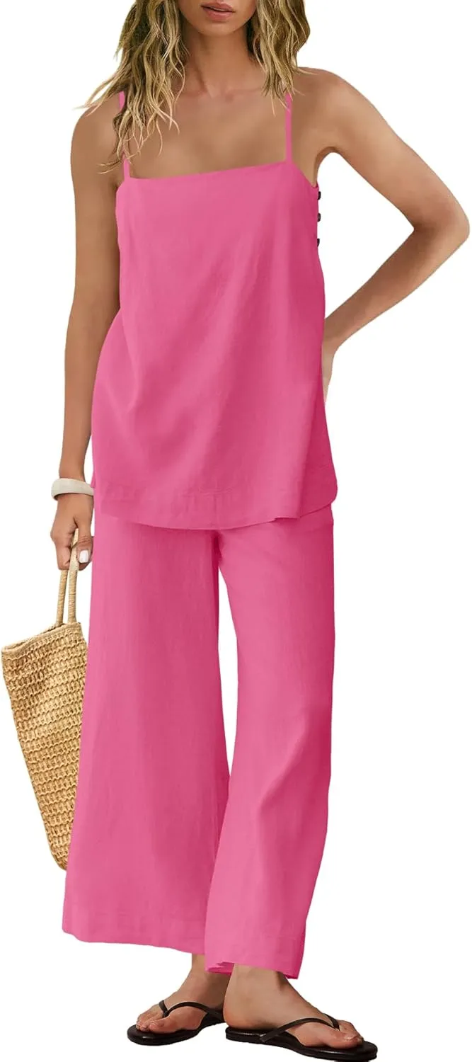 Yanekop Linen Sets for Women 2 Piece Pants Summer Outfits Matching Lounge Sets Spaghetti Strap Tank Top Pants Sets