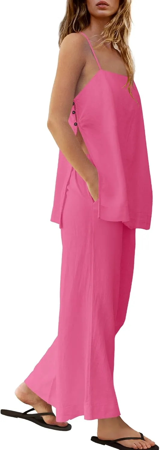 Yanekop Linen Sets for Women 2 Piece Pants Summer Outfits Matching Lounge Sets Spaghetti Strap Tank Top Pants Sets