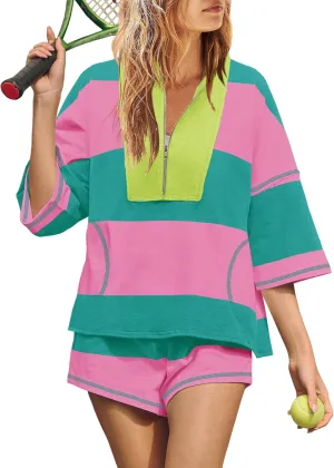 Yanekop Womens 2 Piece Outfits Summer Striped Workout Set Oversized Matching Lounge Sets Quarter Zip Shirt and Shorts