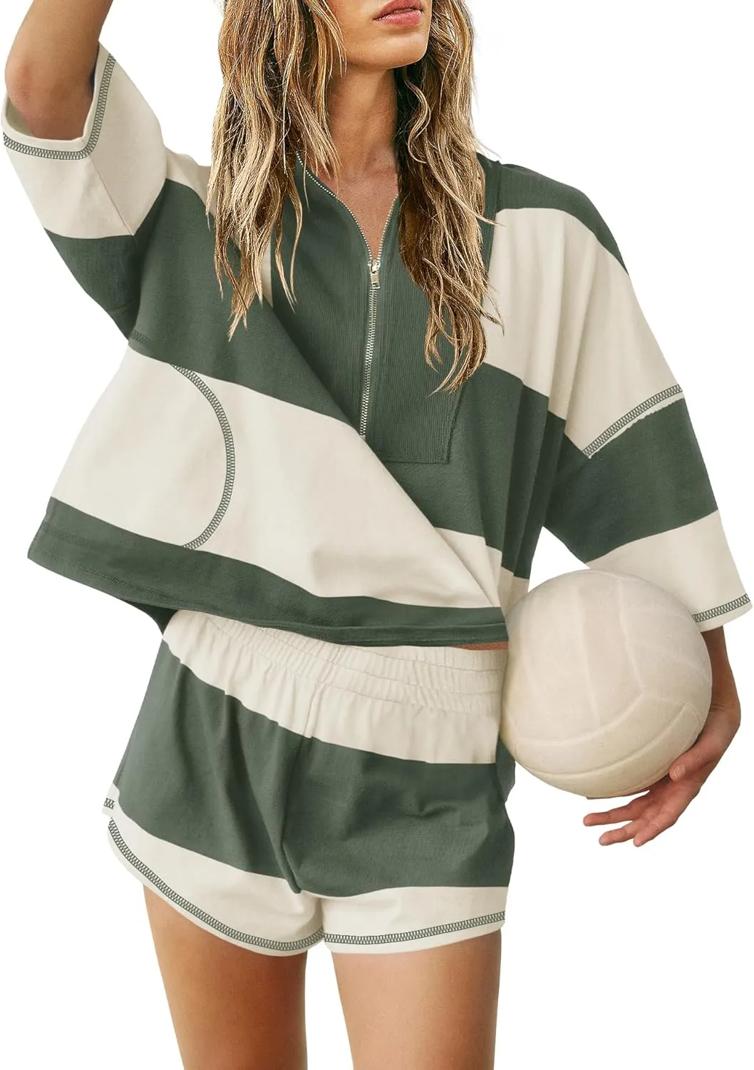 Yanekop Womens 2 Piece Outfits Summer Striped Workout Set Oversized Matching Lounge Sets Quarter Zip Shirt and Shorts