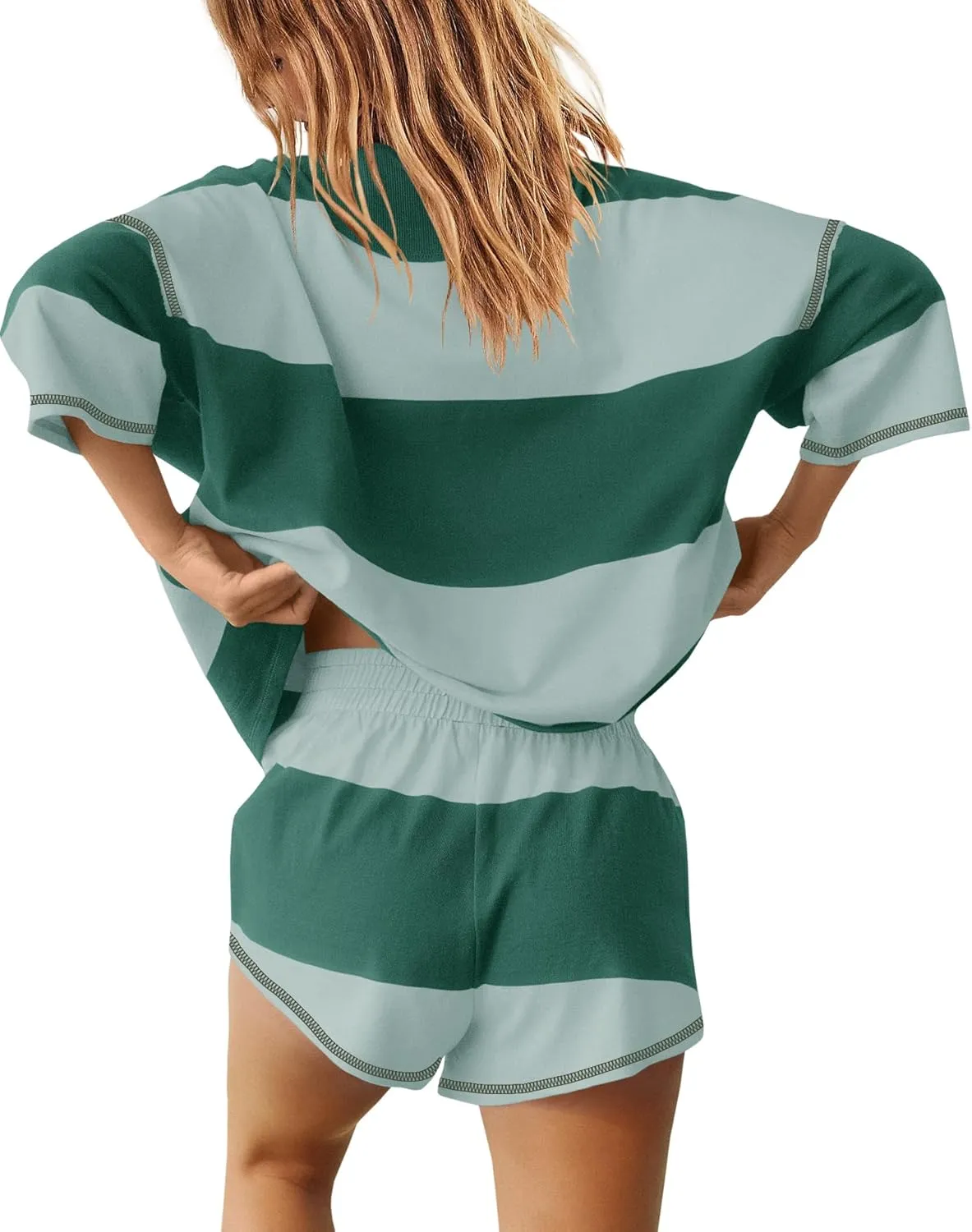 Yanekop Womens 2 Piece Outfits Summer Striped Workout Set Oversized Matching Lounge Sets Quarter Zip Shirt and Shorts