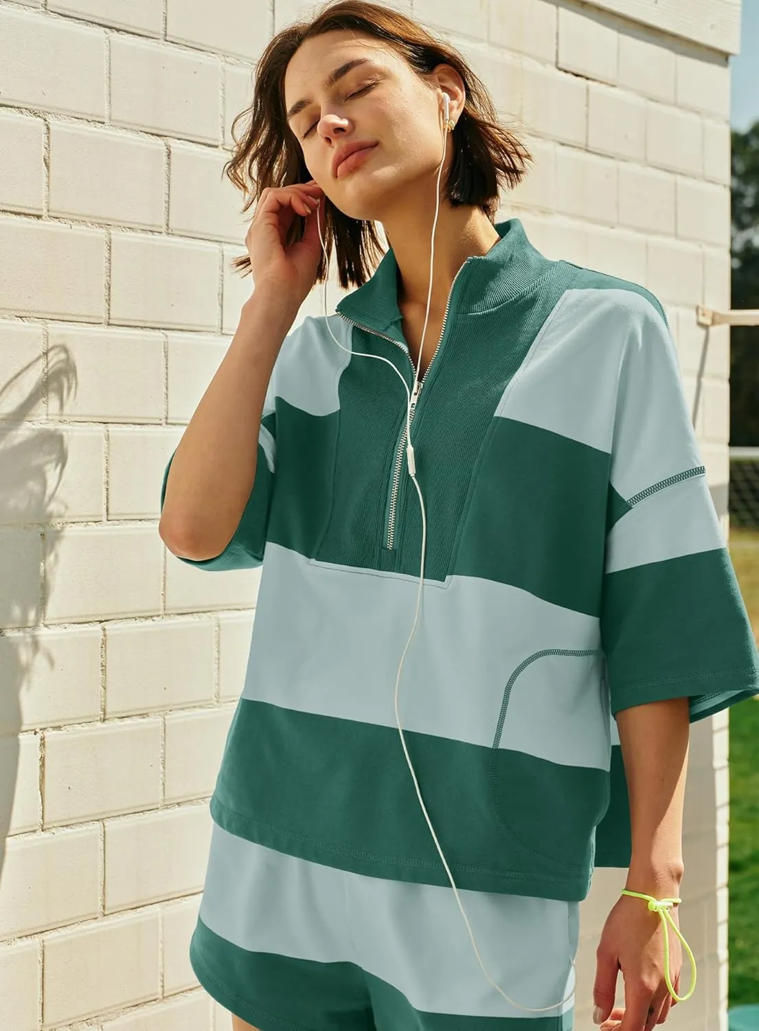 Yanekop Womens 2 Piece Outfits Summer Striped Workout Set Oversized Matching Lounge Sets Quarter Zip Shirt and Shorts