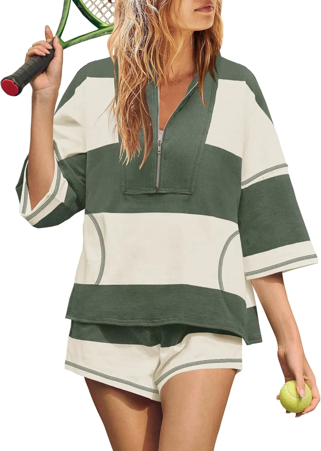 Yanekop Womens 2 Piece Outfits Summer Striped Workout Set Oversized Matching Lounge Sets Quarter Zip Shirt and Shorts