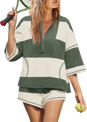 Yanekop Womens 2 Piece Outfits Summer Striped Workout Set Oversized Matching Lounge Sets Quarter Zip Shirt and Shorts