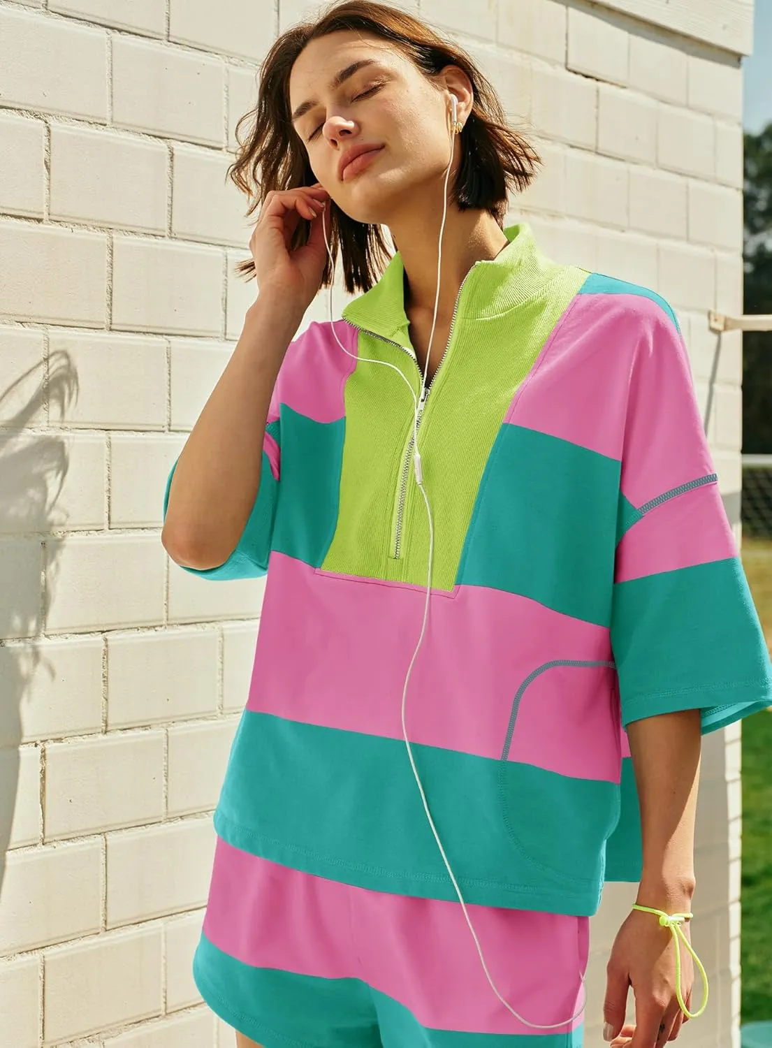 Yanekop Womens 2 Piece Outfits Summer Striped Workout Set Oversized Matching Lounge Sets Quarter Zip Shirt and Shorts