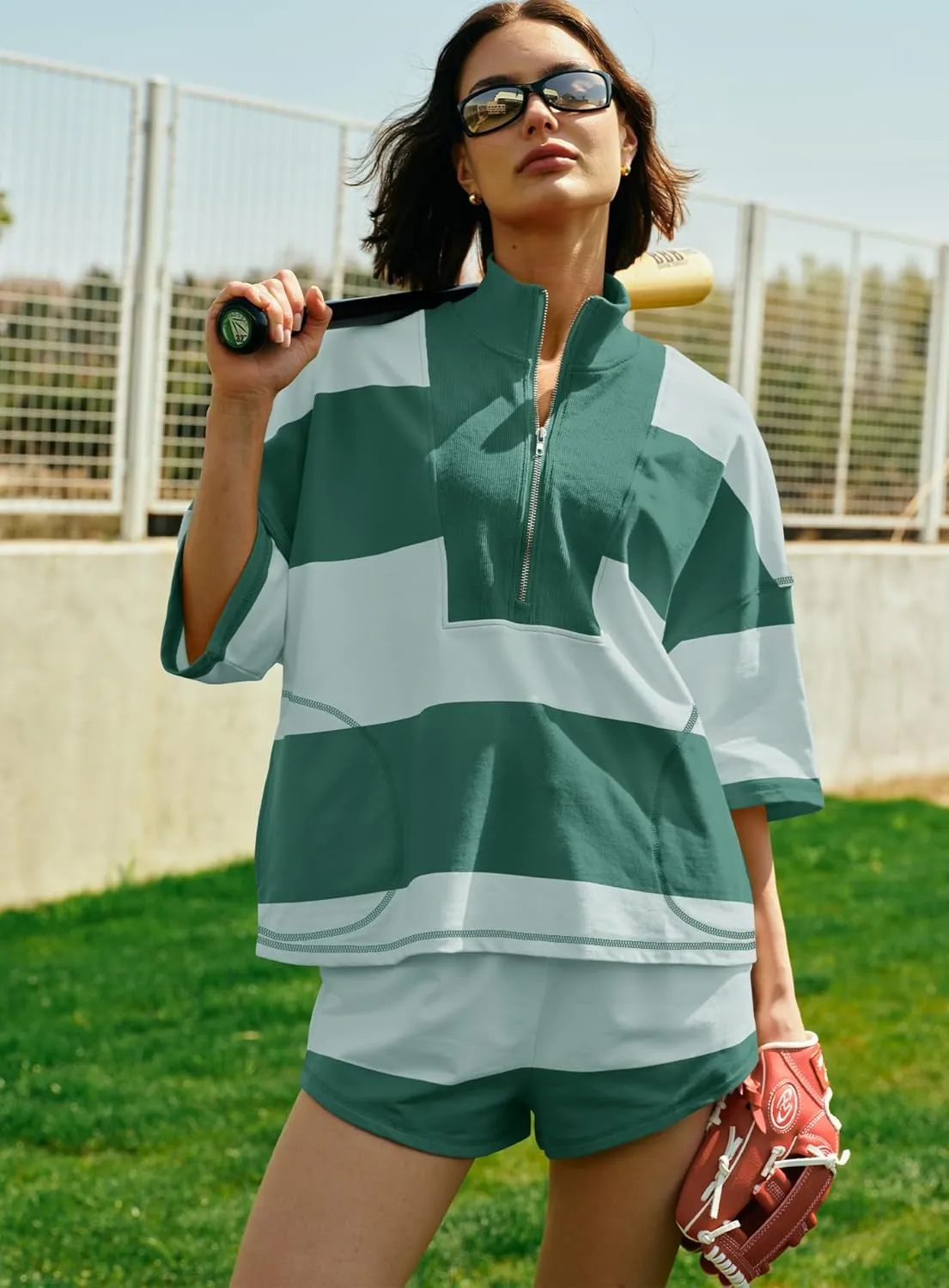 Yanekop Womens 2 Piece Outfits Summer Striped Workout Set Oversized Matching Lounge Sets Quarter Zip Shirt and Shorts