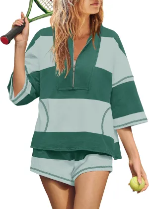 Yanekop Womens 2 Piece Outfits Summer Striped Workout Set Oversized Matching Lounge Sets Quarter Zip Shirt and Shorts