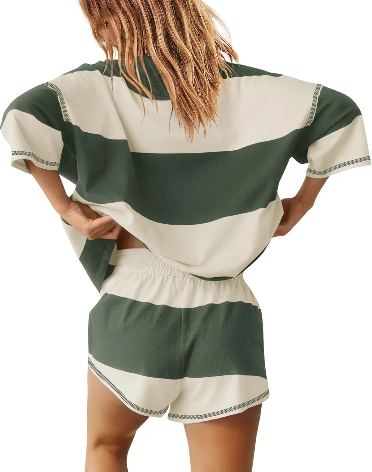 Yanekop Womens 2 Piece Outfits Summer Striped Workout Set Oversized Matching Lounge Sets Quarter Zip Shirt and Shorts