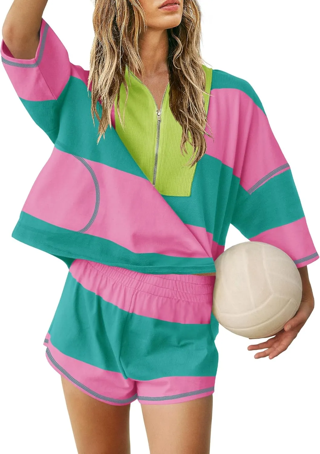 Yanekop Womens 2 Piece Outfits Summer Striped Workout Set Oversized Matching Lounge Sets Quarter Zip Shirt and Shorts