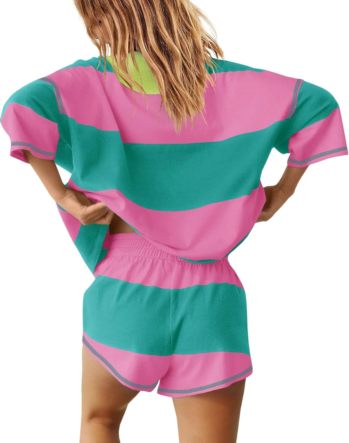 Yanekop Womens 2 Piece Outfits Summer Striped Workout Set Oversized Matching Lounge Sets Quarter Zip Shirt and Shorts