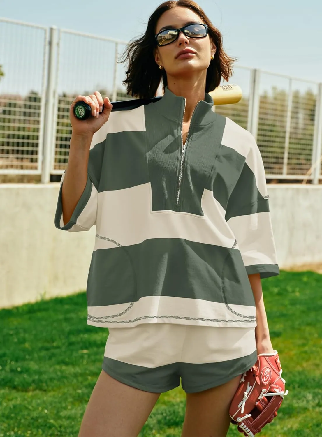 Yanekop Womens 2 Piece Outfits Summer Striped Workout Set Oversized Matching Lounge Sets Quarter Zip Shirt and Shorts