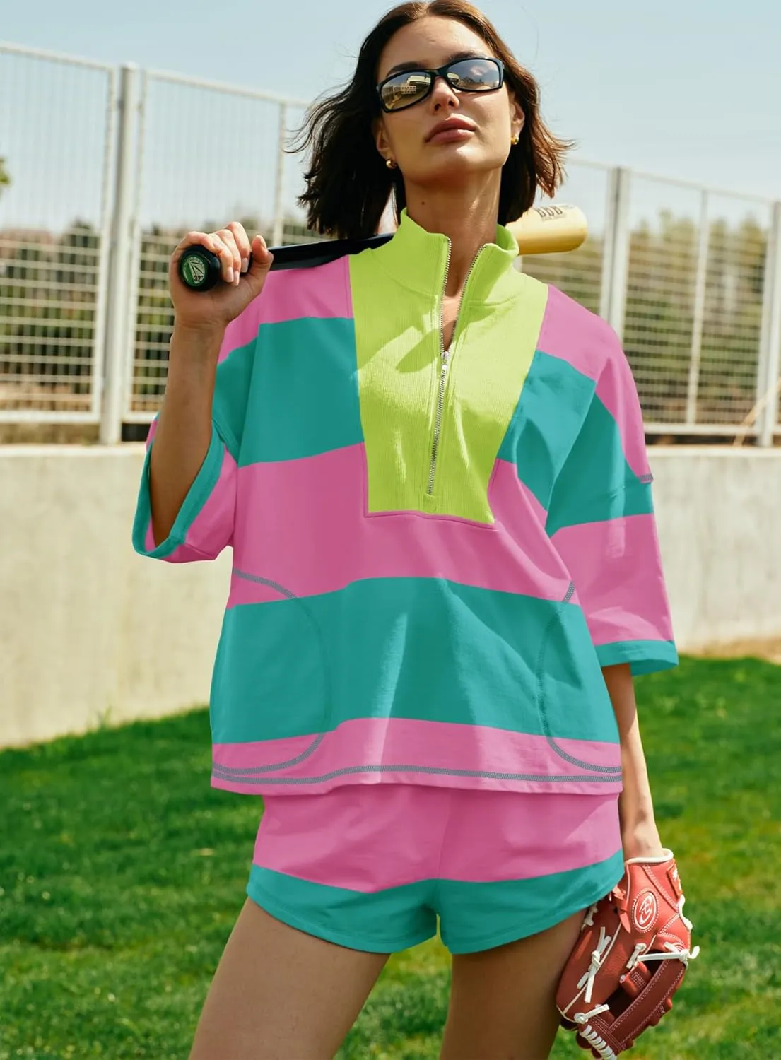 Yanekop Womens 2 Piece Outfits Summer Striped Workout Set Oversized Matching Lounge Sets Quarter Zip Shirt and Shorts