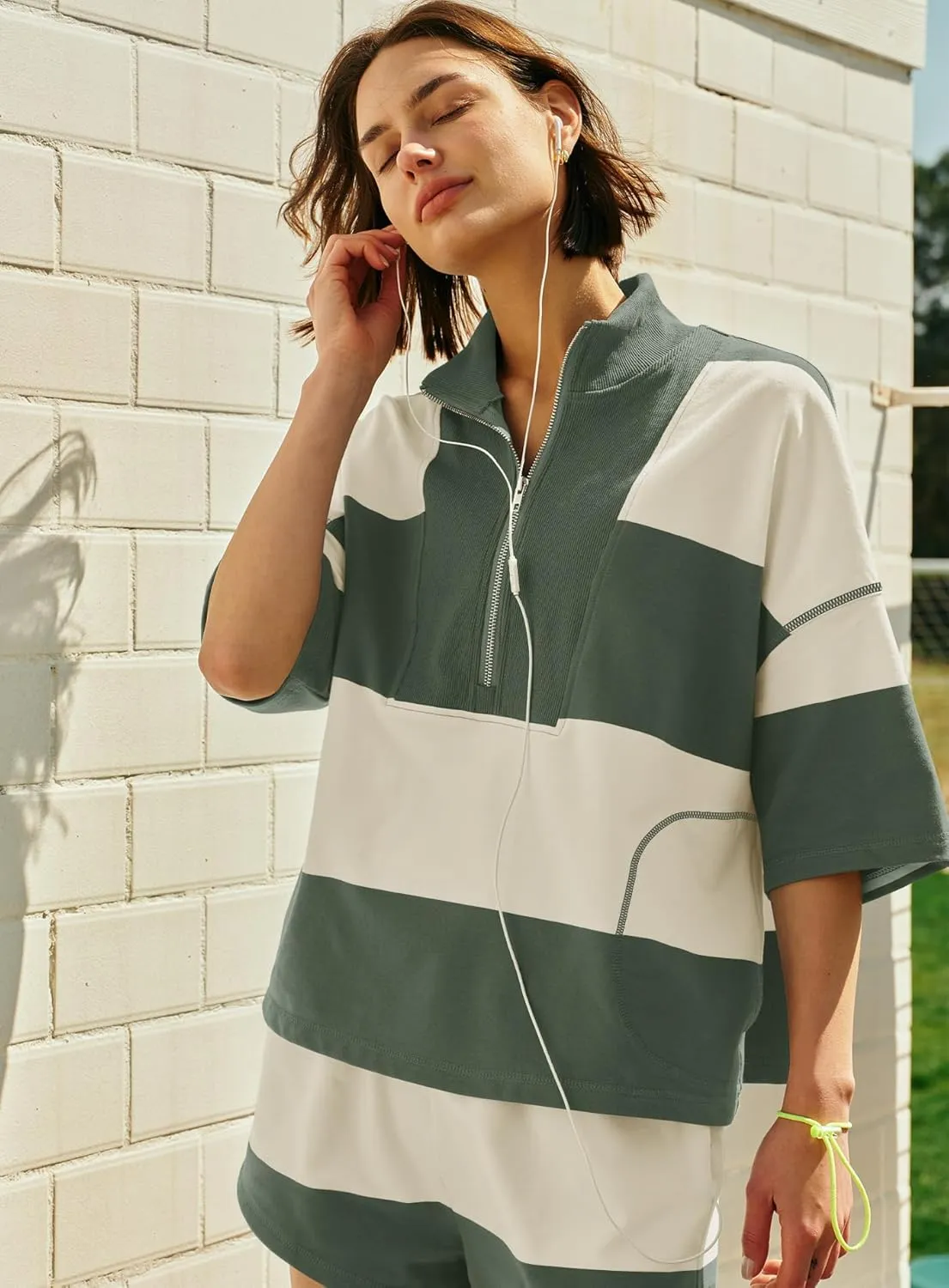 Yanekop Womens 2 Piece Outfits Summer Striped Workout Set Oversized Matching Lounge Sets Quarter Zip Shirt and Shorts