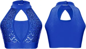 YiZYiF Girls Sequins Dance Crop Tops Cheer Jazz Performance Vest Shirt Sleeveless Camisole Tank Tops Costume