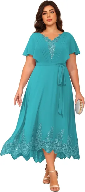 YOFF Short Sleeves V Neck Mother of The Bride Dresses Sequin Lace Appliques Chiffon Formal Evening Prom Dress YO232