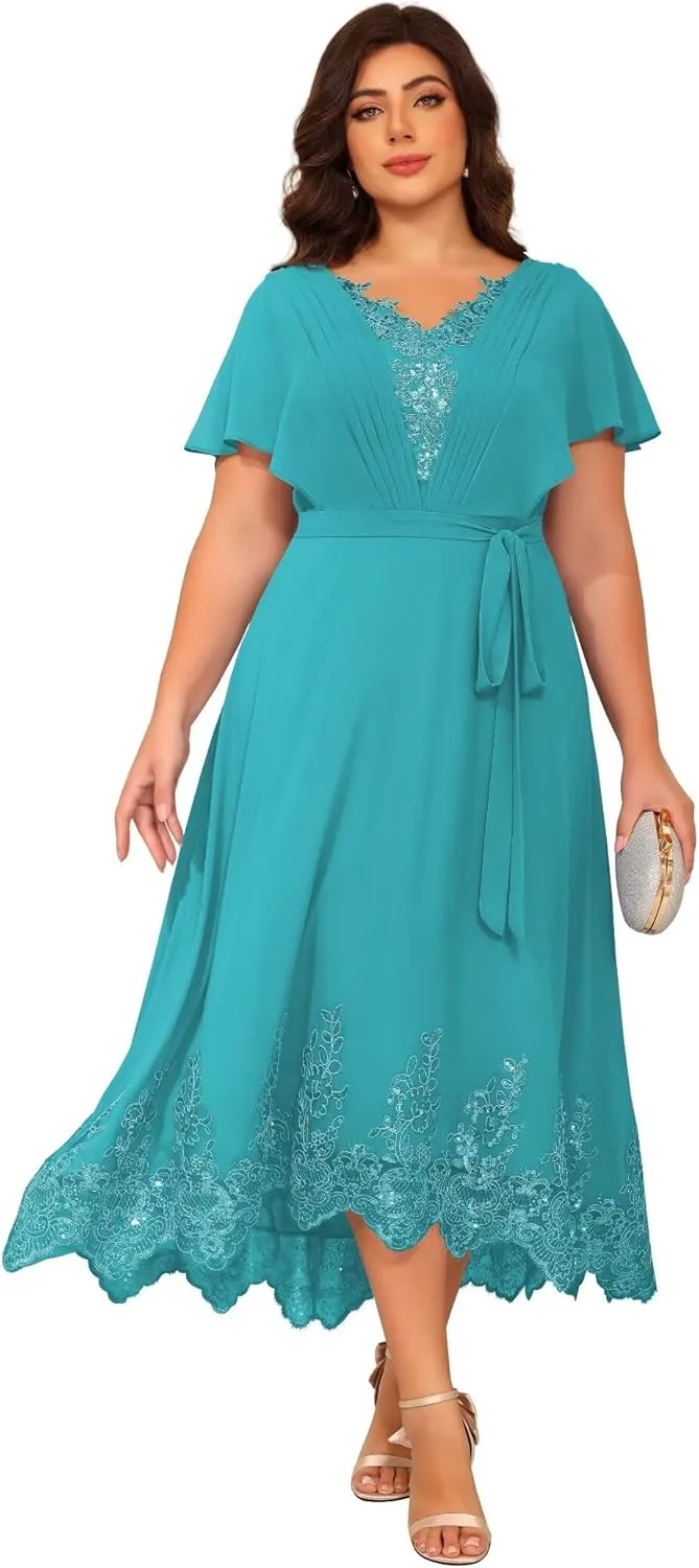 YOFF Short Sleeves V Neck Mother of The Bride Dresses Sequin Lace Appliques Chiffon Formal Evening Prom Dress YO232