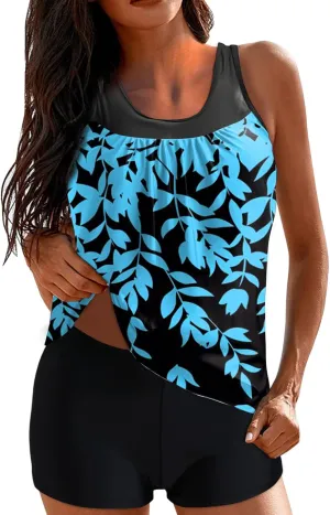 YRAETENM Tankini Swimsuits for Women Two Piece Bathing Suits Blouson Tank Top with Boyshorts Tummy Control Modest Swimsuits
