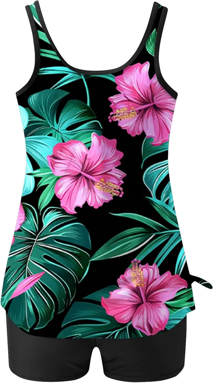 YRAETENM Tankini Swimsuits for Women Two Piece Bathing Suits Blouson Tank Top with Boyshorts Tummy Control Modest Swimsuits