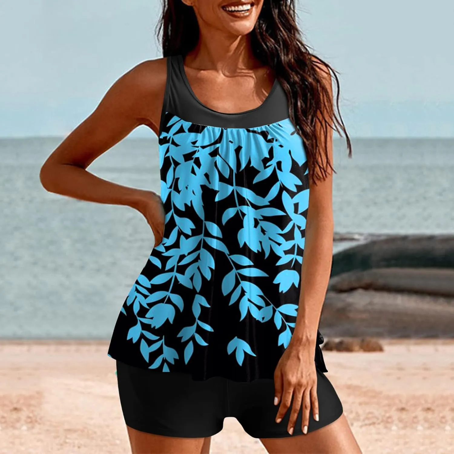 YRAETENM Tankini Swimsuits for Women Two Piece Bathing Suits Blouson Tank Top with Boyshorts Tummy Control Modest Swimsuits