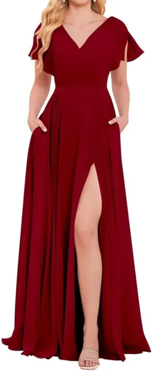 YRGERATON Short Sleeve Wedding Bridesmaid Dresses Flowy Chiffon Formal Evening Prom Gown with Slit Pockets