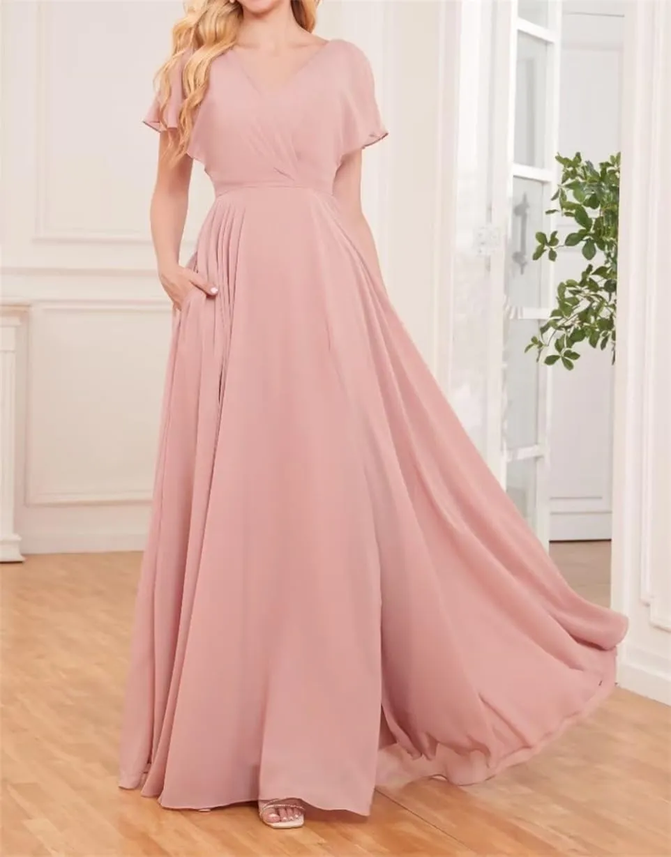 YRGERATON Short Sleeve Wedding Bridesmaid Dresses Flowy Chiffon Formal Evening Prom Gown with Slit Pockets