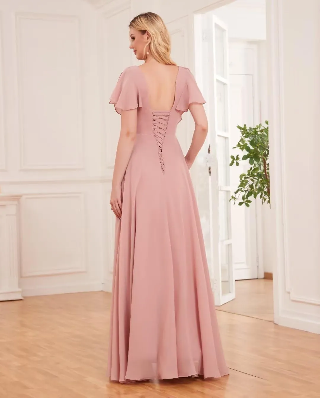 YRGERATON Short Sleeve Wedding Bridesmaid Dresses Flowy Chiffon Formal Evening Prom Gown with Slit Pockets