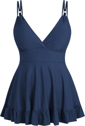 ZAFUL Plus Size Tankini Tops for Women Double Shoulder Strap Swimsuit Tops V Neck Skrited Bathing Suit Top Only
