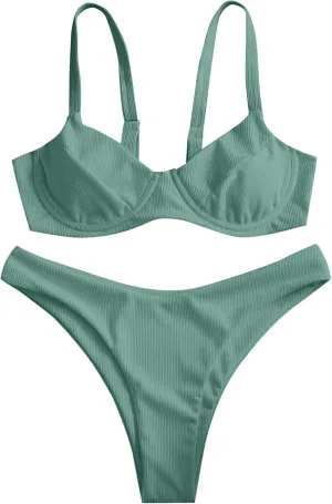 ZAFUL Women's Ribbed Underwire Bikini Set High Cut Colorblock V Notch Swimwear Printed High Leg Swimsuit