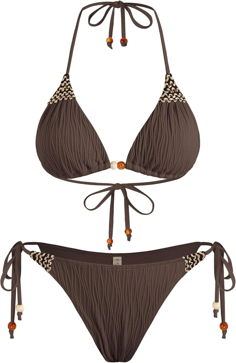 ZAFUL Women's Texture Triangle Bikini Sets Halter Ties Swimsuit Tie Sides Thong Swimwear Two Piece Bathing Suit