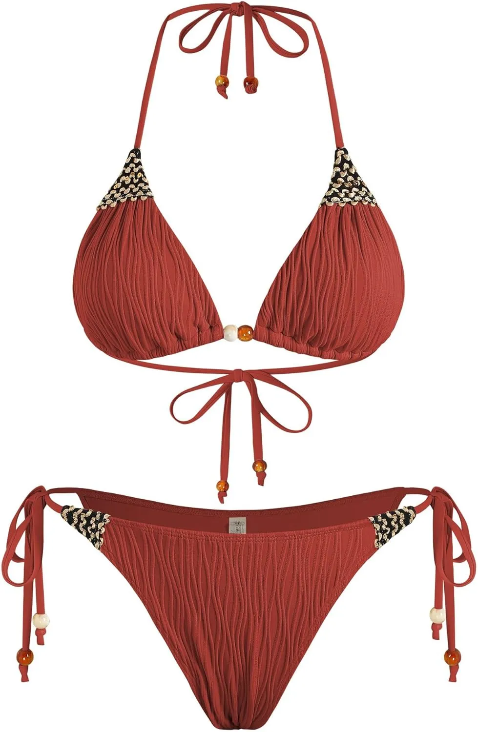 ZAFUL Women's Texture Triangle Bikini Sets Halter Ties Swimsuit Tie Sides Thong Swimwear Two Piece Bathing Suit