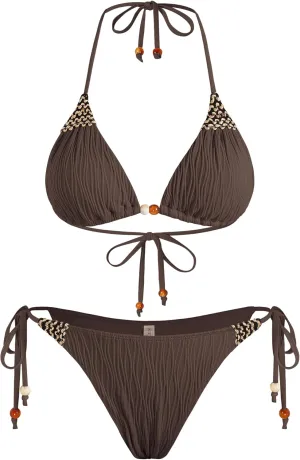 ZAFUL Women's Texture Triangle Bikini Sets Halter Ties Swimsuit Tie Sides Thong Swimwear Two Piece Bathing Suit