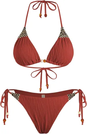 ZAFUL Women's Texture Triangle Bikini Sets Halter Ties Swimsuit Tie Sides Thong Swimwear Two Piece Bathing Suit