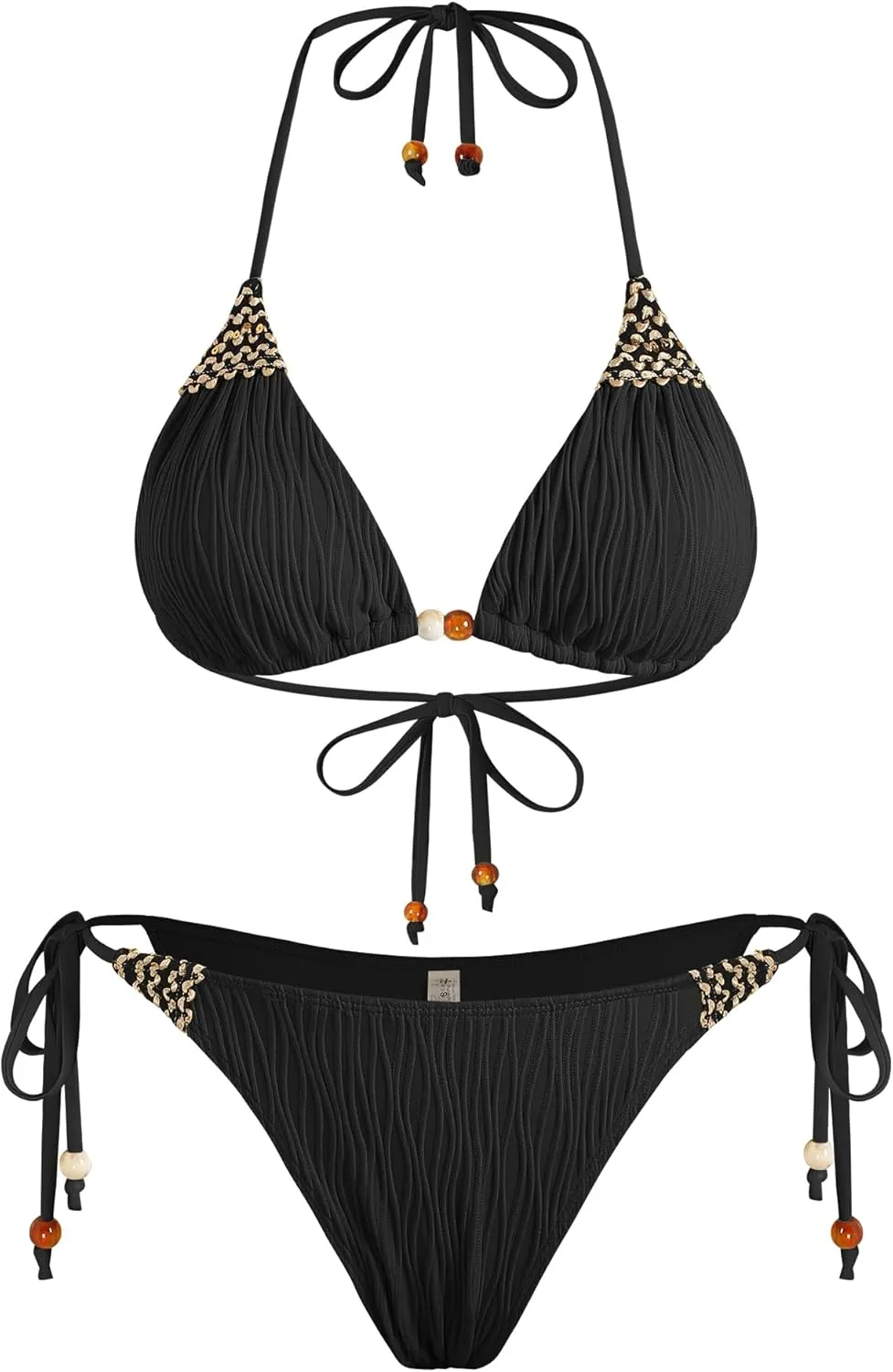 ZAFUL Women's Texture Triangle Bikini Sets Halter Ties Swimsuit Tie Sides Thong Swimwear Two Piece Bathing Suit