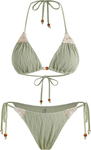 ZAFUL Women's Texture Triangle Bikini Sets Halter Ties Swimsuit Tie Sides Thong Swimwear Two Piece Bathing Suit